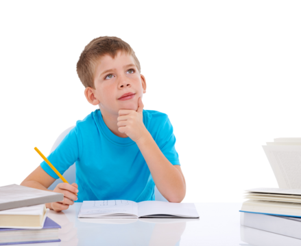 A diligent schoolboy strives to recall and apply the lessons taught by his teacher at the school, while completing his assignments isolated on a PNG background.