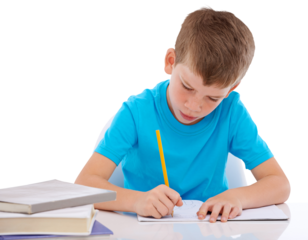 A young student diligently completing his homework at his desk, immersed in the process of learning and expanding his knowledge isolated on a transparent PNG background.