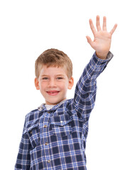 A happy child in casual clothes with raised hands in a studio, either asking, answering or high-fiving, isolated on a transparent PNG background.