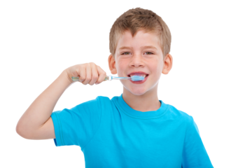 A happy boy brushing his teeth with a big smile, demonstrating the importance of dental care and maintaining oral hygiene for a fresh and healthy mouth isolated on a transparent PNG background.