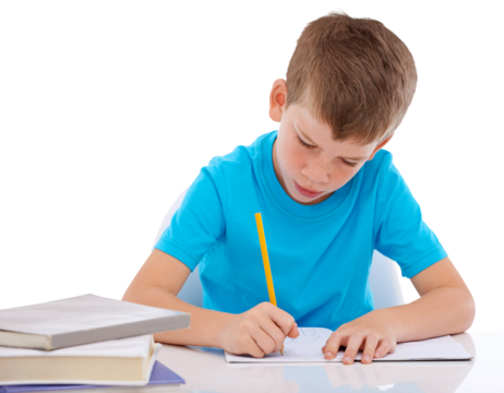 A young student diligently completing his homework at his desk, immersed in the process of learning and expanding his knowledge isolated on a transparent PNG background. - Powered by Adobe