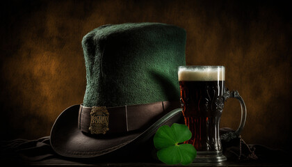 St.Patrick's Hat with Black Beer and Shamrock Background, St. Patrick's Day, Generative AI