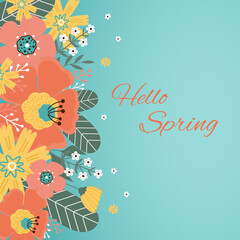 Fototapeta na wymiar Hello spring. Greeting card with spring flowers, leaves.