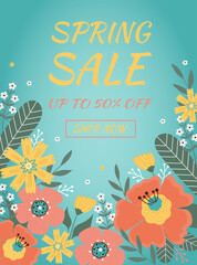 Fototapeta premium Hello spring. Sale banner with spring flowers, leaves on blue background.