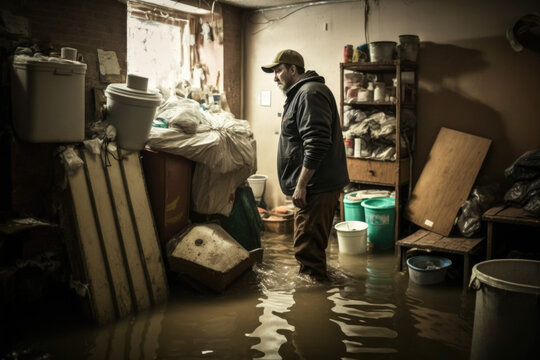 From Crisis to Restoration: The Journey of a man inside a Flooded Basement - AI Generative