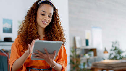 Tablet, logistics and fashion manager with a checklist in retail store clothes or clothing boxes...
