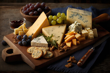 Ultimate Cheese Board complemented by a variety of dried fruits, nuts, and crackers. reamy brie, tangy cheddar, and sharp gouda. ai generative