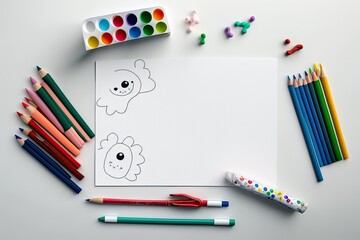 Mockup Concept Flat Lay for Montessori Art Lesson Featuring Children's Preschool Art Materials Centered Around a Sheet of Blank Paper. Generative AI