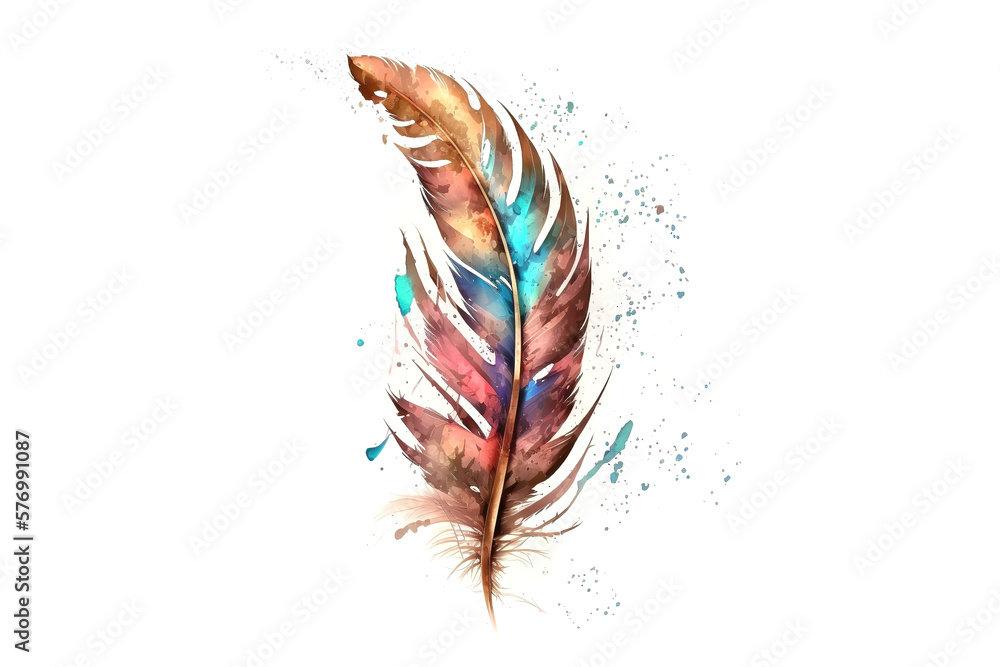 Poster bird feather drawn with multicolored watercolors isolated on white background. generated by ai