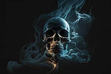 High contrast image of a spooky skull emerging from a plume of smoke. Generative AI