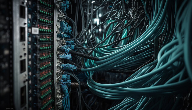 Data Center, A Maze Of Tangled Cables That Run Between Towering Racks, Leading To Hidden Servers, With Panels That Open And Close As Technicians Work On Them Generative AI