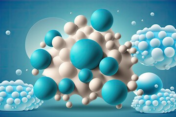 Molecules are a brilliant crystalline blue against a blue sky. Background concept for night cream and serum, Skin treatment and solution. Generative AI
