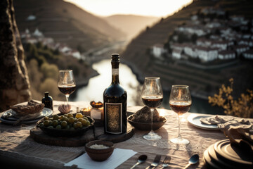 A stunning table arrangement featuring a bottle of vintage port wine and a wine glass. set a picturesque backdrop of the terraced vineyards and winding Rio Douro Valley in Portugal