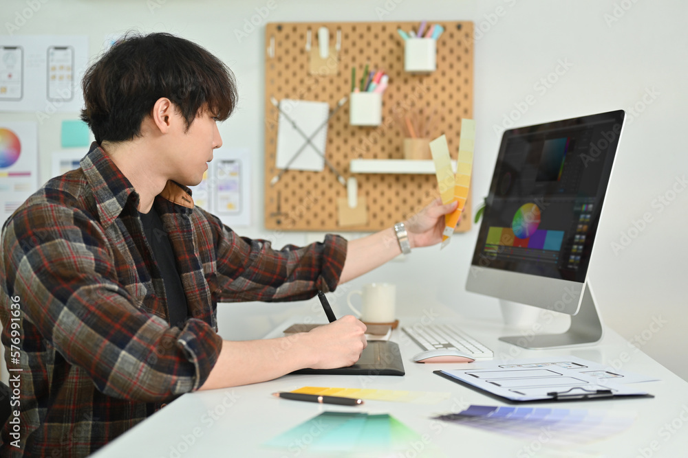 Poster side view of young man ux graphic designer working together for mobile application software design p