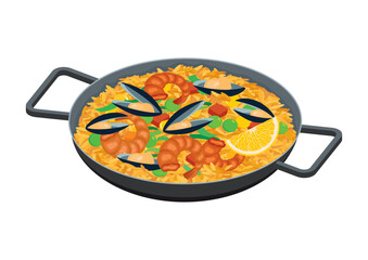 Traditional spanish paella dish vector illustration. Paella pan icon on white background. Rice with seafood and vegetables graphic design element. Spanish dish with mussels, prawns and rice drawing