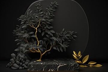 Mockup of a black marble premium scene with a tree branch, a leaf, or a product displayed on a rock pedestal in front of a blank black marble background. Generative AI