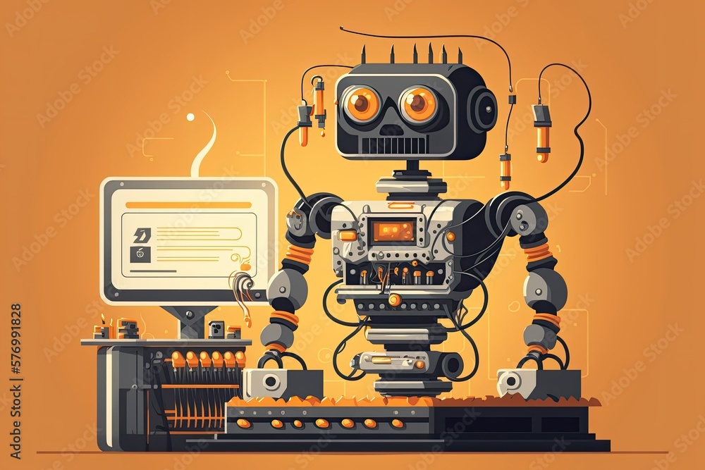 Poster industrial robot with programming arm in an automation system. generative ai