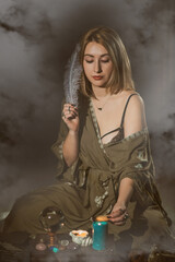 Energy therapy, magic of candles and other attributes, herbs and flowers, Wicca rituals and esoteric concept