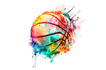 basketball ball is drawn with multi-colored watercolors isolated on a white background. Generated by AI