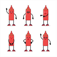 Cute tomato sauce bottle character different pose activity. Tomato sauce different face expression vector illustration set.