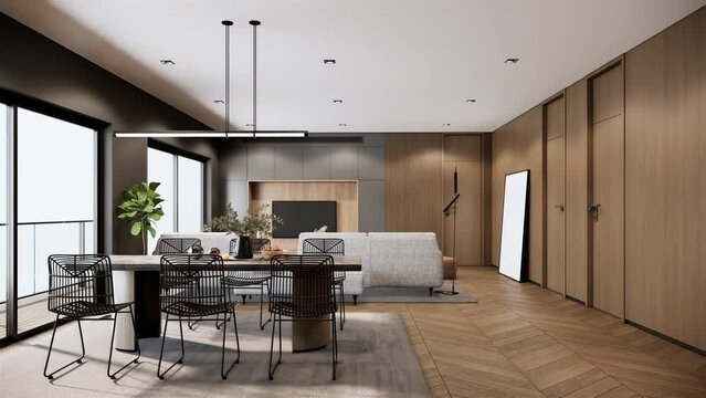 Contemporary interior design of the elegant room. Stylish interior of the dining room-living room. 3d visualization