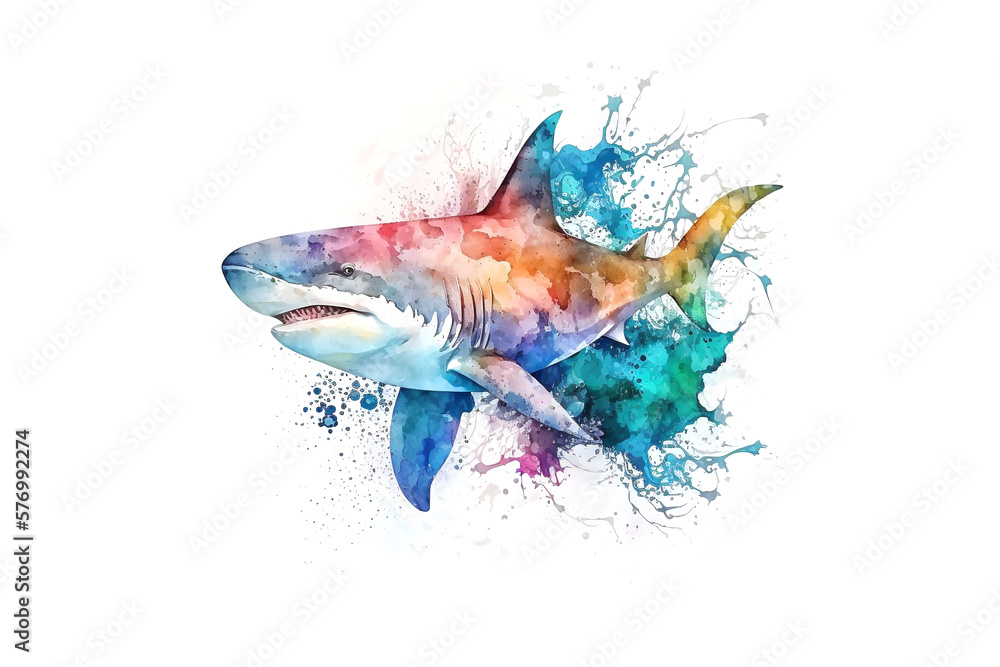 Poster shark is drawn with multi-colored watercolors isolated on a white background. generated by ai