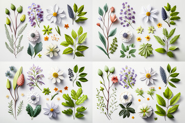 Assortiments de plantes et fleurs sur fond blanc - Générative iA - obrazy, fototapety, plakaty