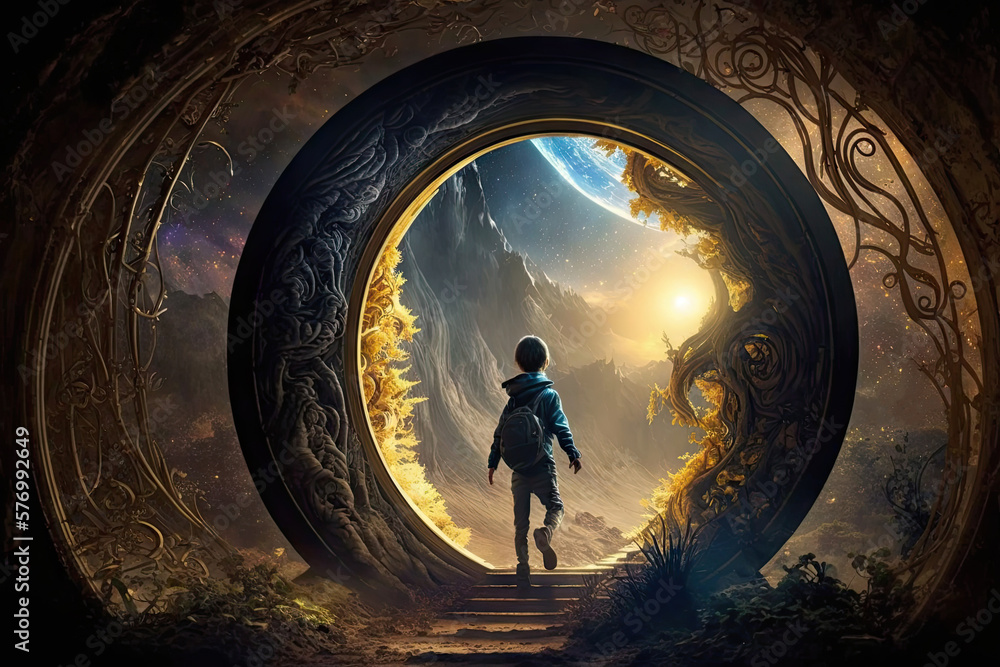 Poster entering the realm of magic and wonder - an unforgettable journey through a portal generative ai