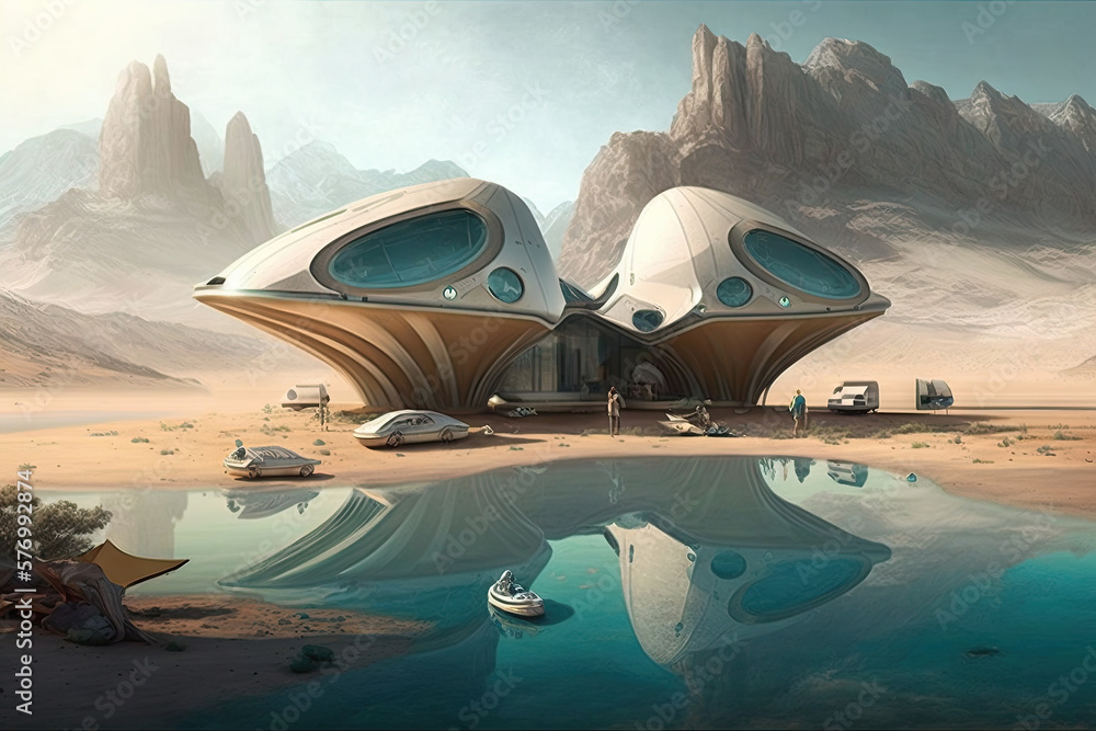 Poster a glimpse into the future: floating campers resting on a neodymium skyline' generative ai
