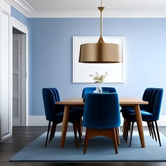 Modern dining room interior design with blue wall and chairs