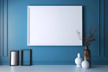 Empty white frame on blue wall. Interior design. Generative ai.