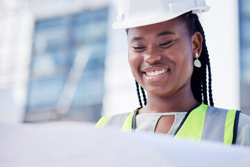 Black woman, architect and blueprint for building at a construction site, happy and positive...