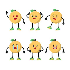 Funny orange character different pose activity. Fruit different face expression vector illustration set.