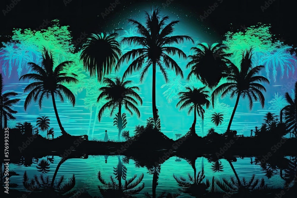 Aufkleber abstract neon background with silhouettes of palm trees in the tropics. palm trees mirrored in the s