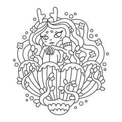 Little shy dryad sitting inside flower. Cute woodland fairy tale girl with horns in spring. Funny summer coloring page for kids. Cartoon vector illustration. Isolated on white. Outlined drawing