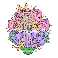 Cute little fairy tale dryad with horns and pink hair. Beautiful fantasy girl sitting inside violet flower. Funny spring drawing. Cartoon vector illustration. Colorful, cheerful artwork for kids