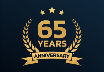 Fototapeta premium 65 years anniversary laurel wreath logo or icon. Jubilee, birthday badge, label or emblem. 65th celebration design element. Vector illustration.