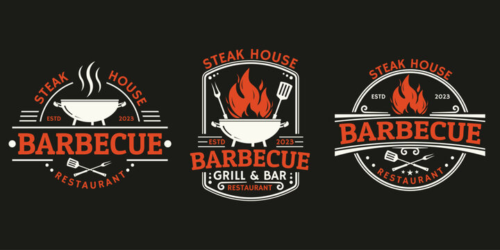 BBQ logo or label set. Barbeque, grill icon. Restaurant emblem with fire, grill fork and spatula. Steak house vintage design. Vector illustration.