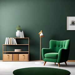 Bright modern living room interior with green armchair and decoration room on empty green wall