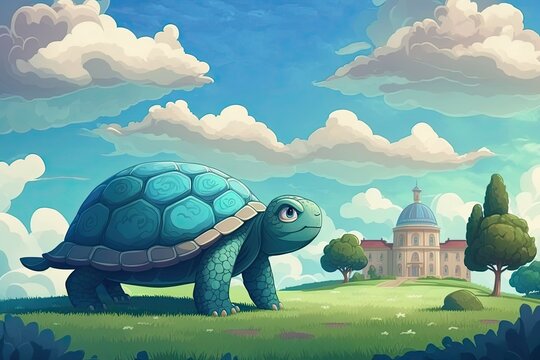 In this daytime park scene, we get a close up of a large turtle ambling across the grass. Generative AI