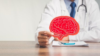 Dementia concept. Doctor holding a brain symbol made from red paper while sitting at the table in...