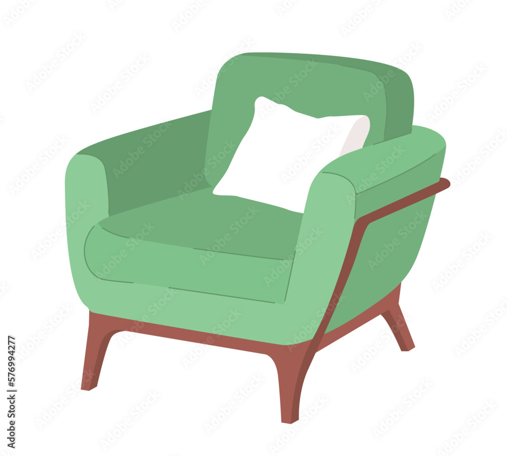 Poster comfortable green armchair with pillow semi flat color vector object. editable element. full sized i