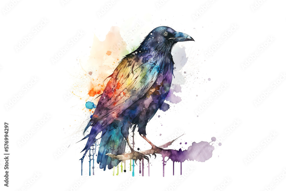 Poster raven drawn with multi-colored watercolors isolated on a white background. generated by ai