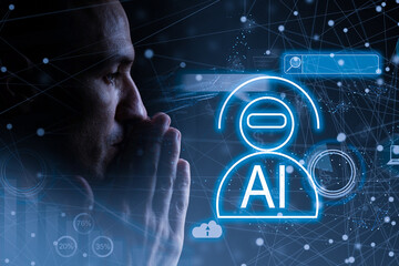  Business hand working with cryptocurrency and Ai conputer interface pray