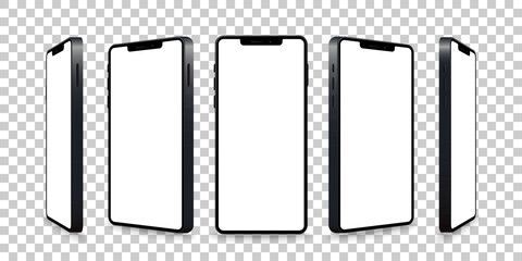 Smartphone mockup collection. Realistic models smartphone with white screen. Device front view. 3D mobile phone with shadow. Vector illustration isolated on transparent background. EPS 10