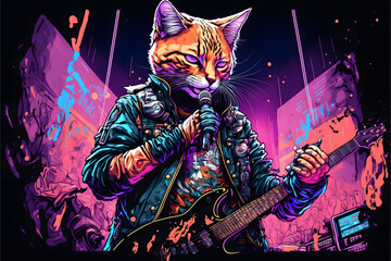 Cat as rock star playing guitar at concert created with generative AI technology
