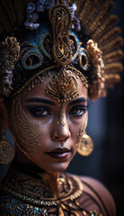 Balinese Dance Artistry. Portrait of Balinese dancer's face with intricate makeup. Cultural concept. AI Generative