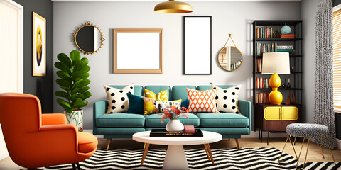 Sleek and stylish living room design mockup, Contemporary living space mock up, Minimalist living room mock up, Modern living room interior design featuring frame mockup, generative ai