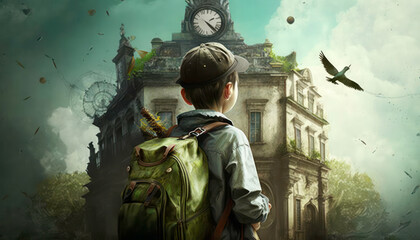 Fototapeta premium child in the city. Wanderlust. Generative AI