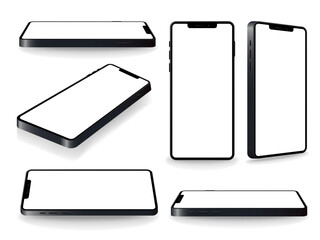 Smartphone mockup collection. Realistic models smartphone with white screen. Device front view. 3D mobile phone with shadow. Vector illustration isolated on white background. EPS 10
